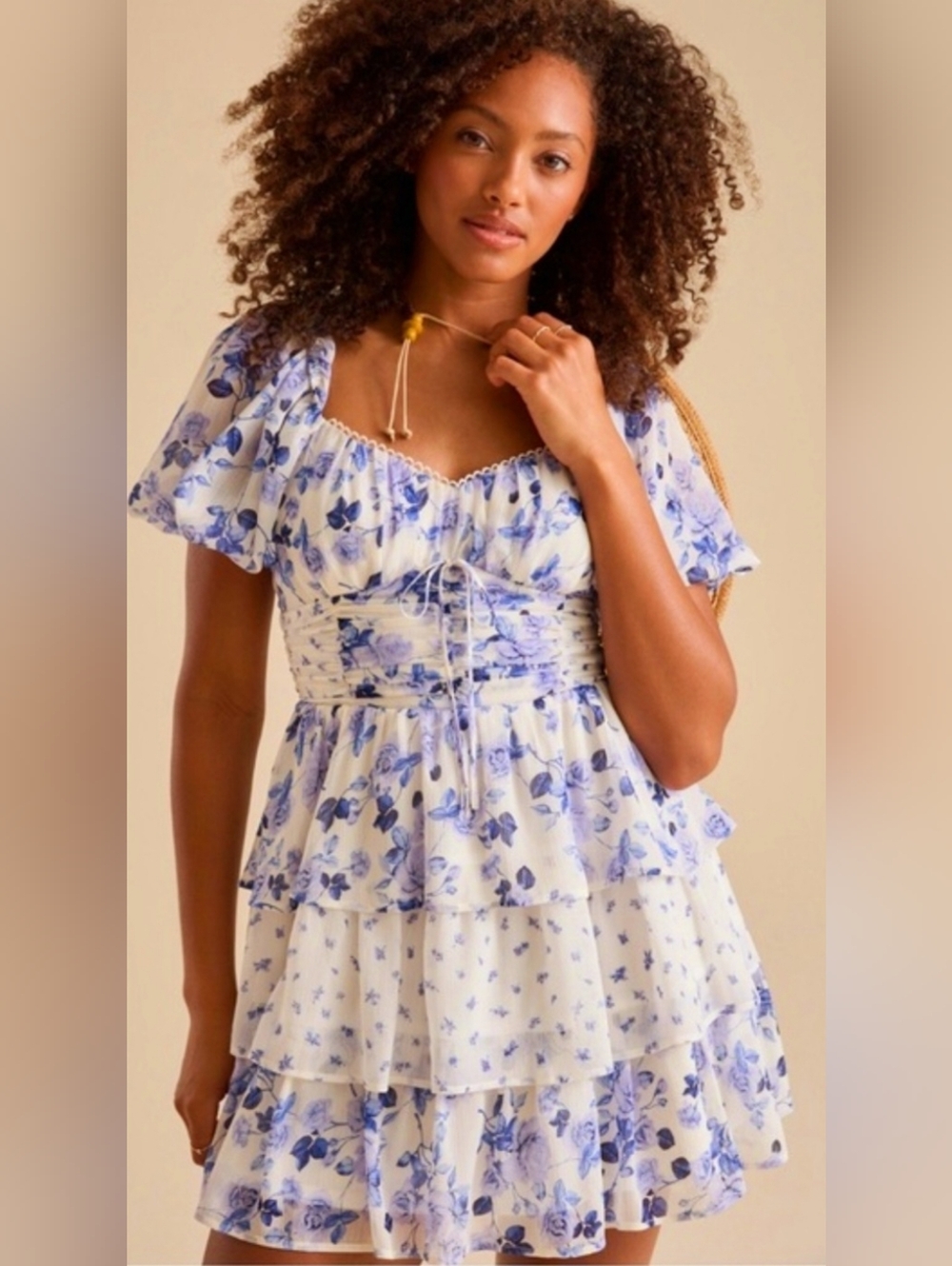 ARULA Blue Floral Tiered Mini Dress